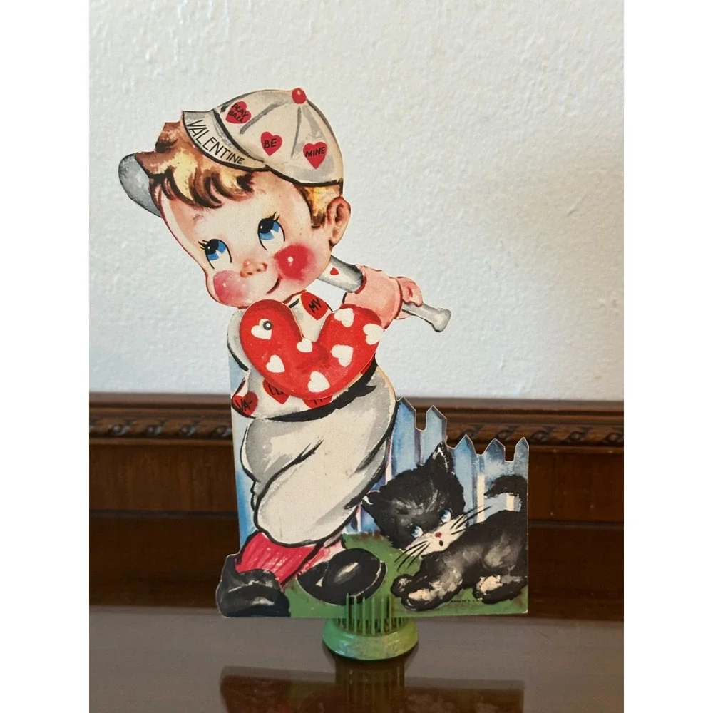 Vintage Valentine's Day Card 8'' Mechanical Baseball Player Ephemera Made in USA